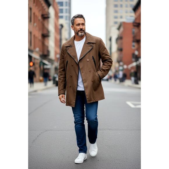 Paul Smith Men's Canvas Peacoat Coat Jacket Size M with Black Leather Trim - Picture 2 of 8